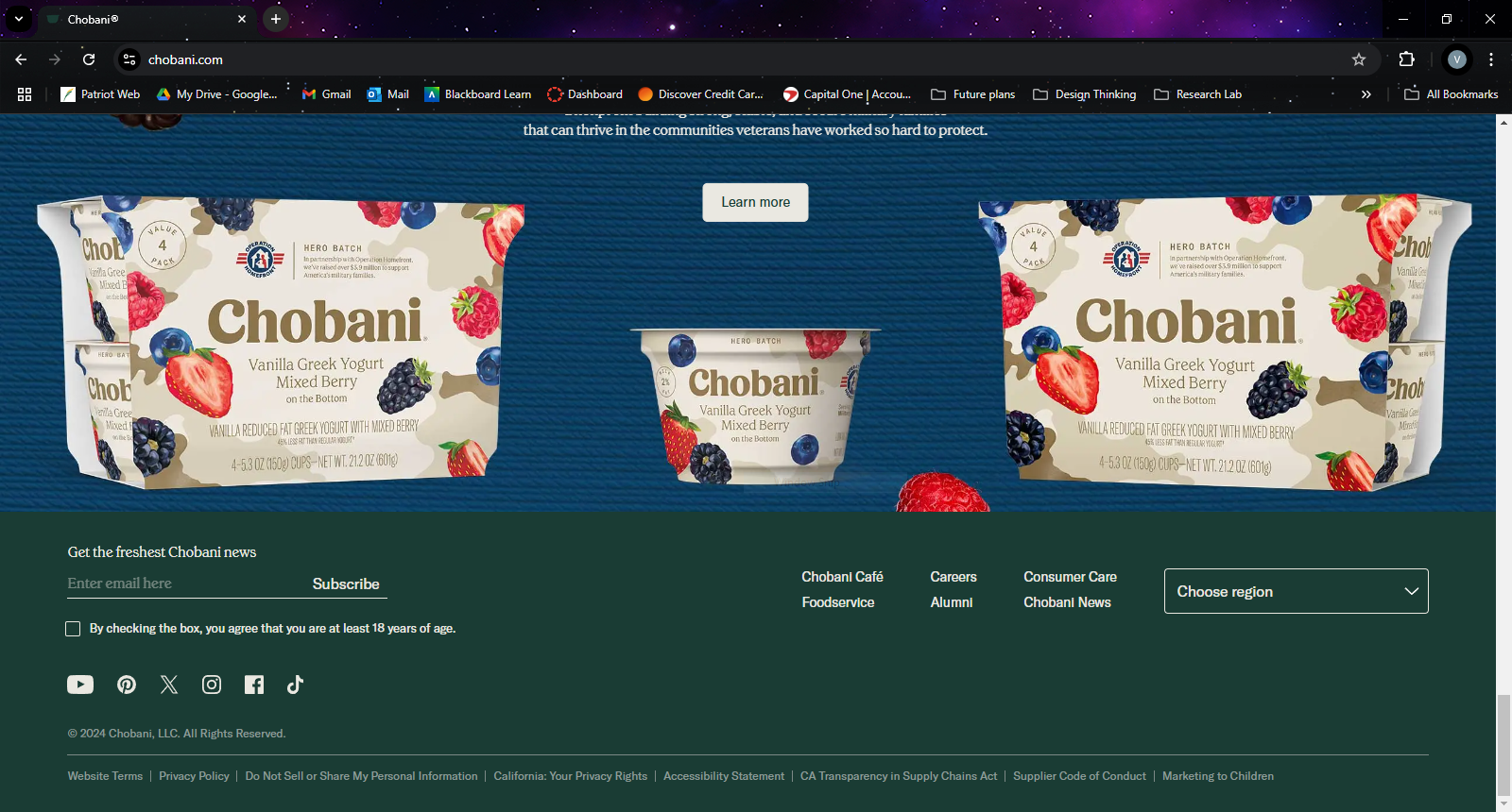 Footer of Chobani's website