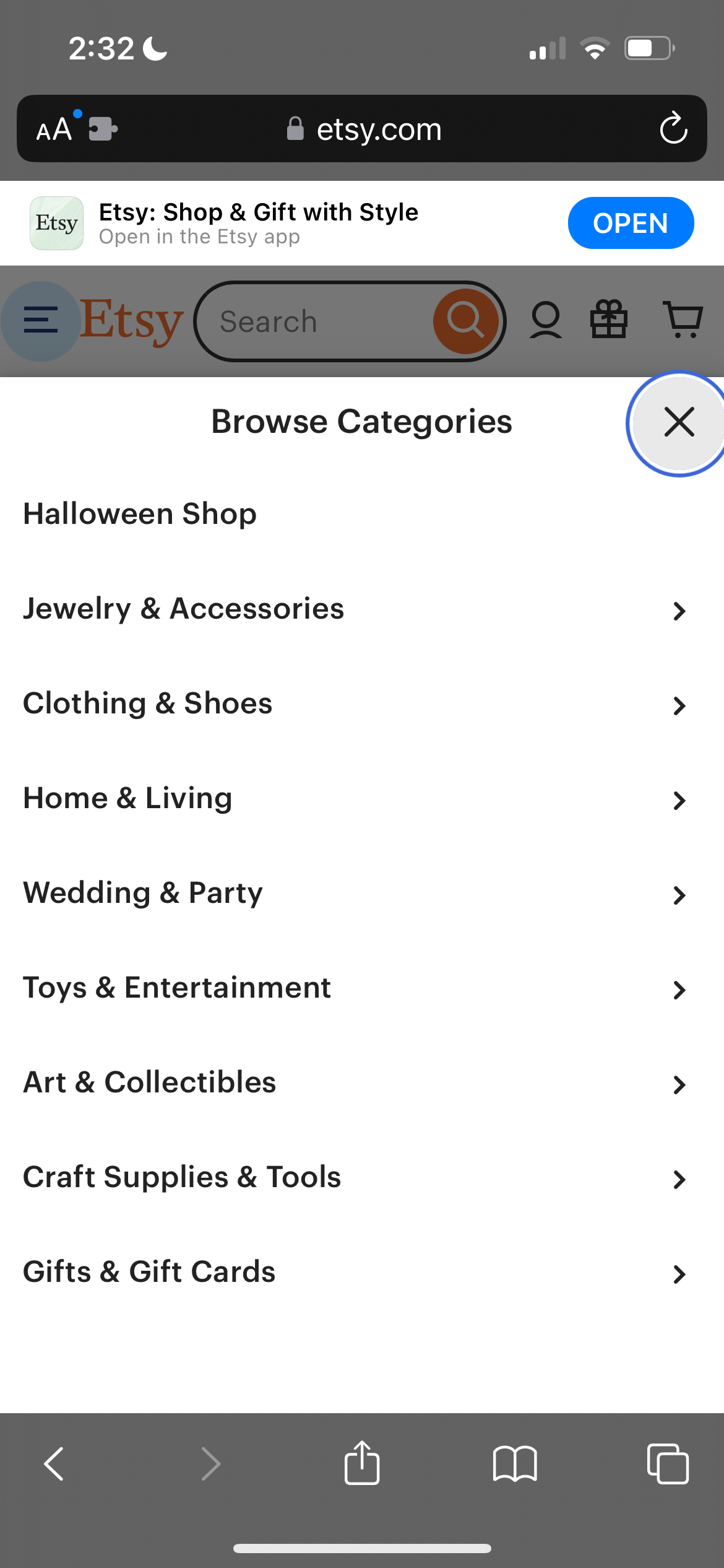 Etsy with navigation menu opened