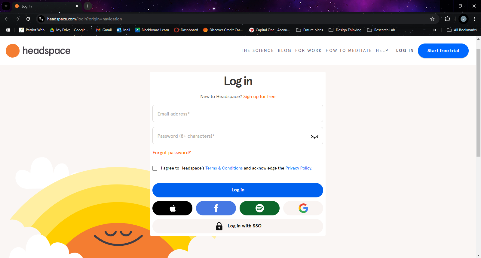 Log in page of Headspace